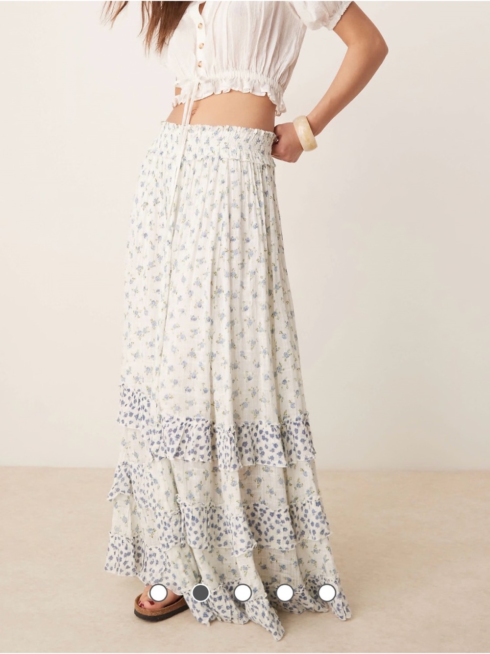 Free People White Maxi Skirt with Blue Floral Print